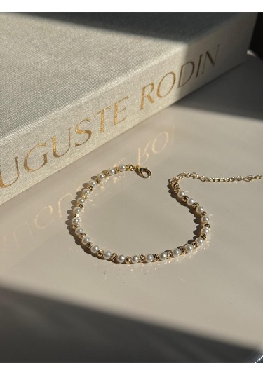 İnci Ve Altın Renk Boncuklu Kadın Halhal Ayarlanabilir Zarif Yazlık Aksesuar Altın