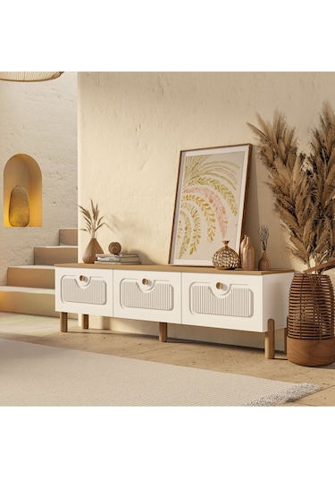 4090 Napoli 180 Cm Membran Mdf Kapaklı Bohem Tv Ünitesi Sepet - Beyaz Beyaz - Meşe