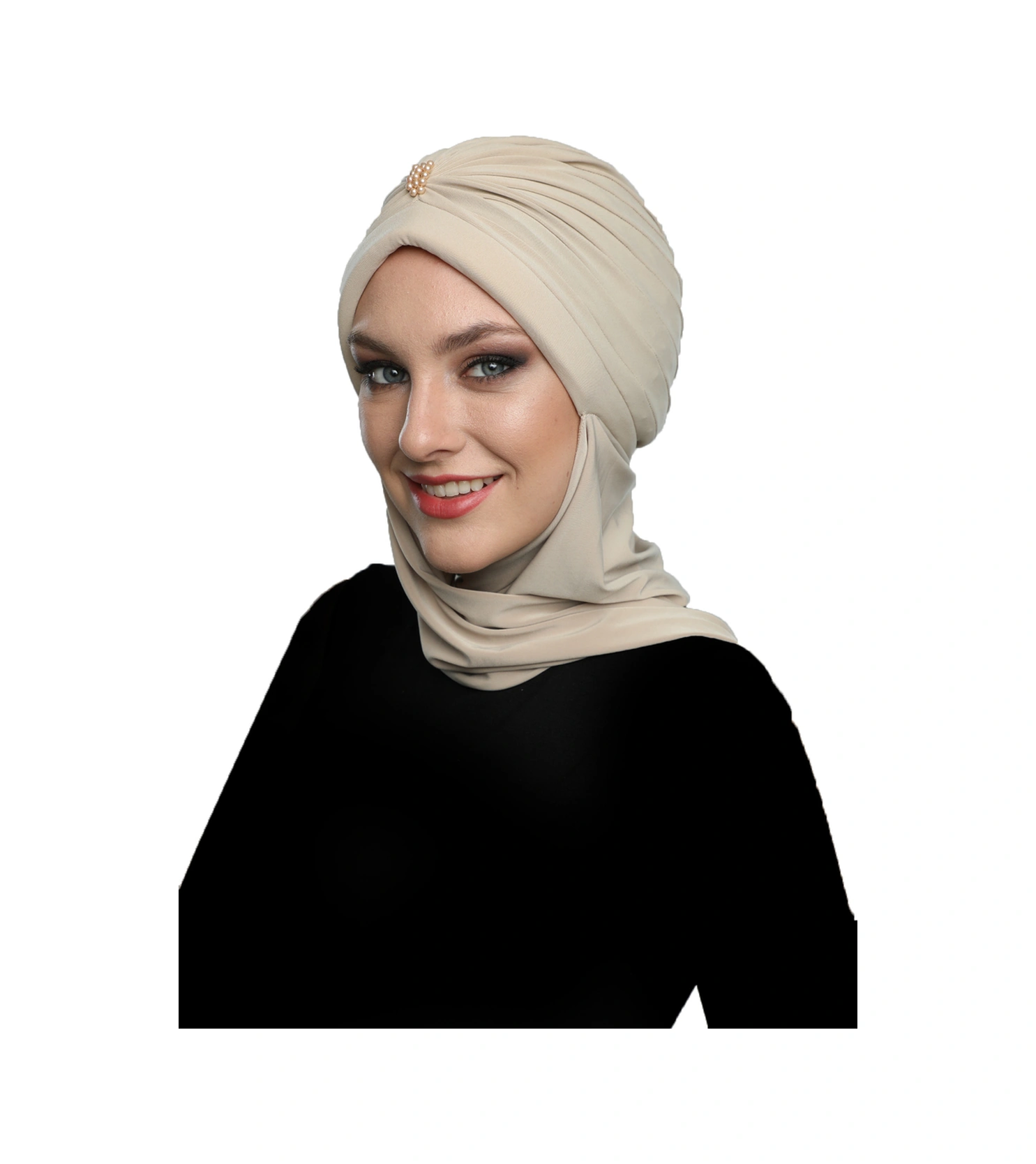 Incili Atkılı El Işi Inci Işlemeli Bej Hazır Türban Tesettür Bone Bej