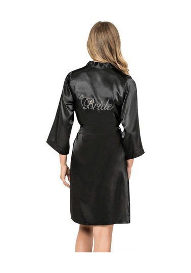 Siyah Kısa Saten Bride Sabahlık Siyah