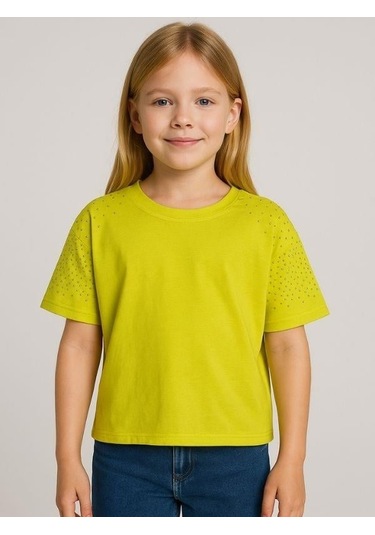 Kız Çocuk Taş İşlemeli Pamuklu T-shirt-15981 Sarı