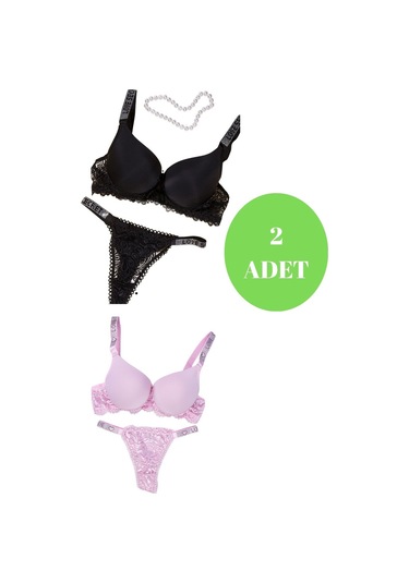 Murays Kadın 2 Li Taşlı Sütyen Takım Siyah - Pembe