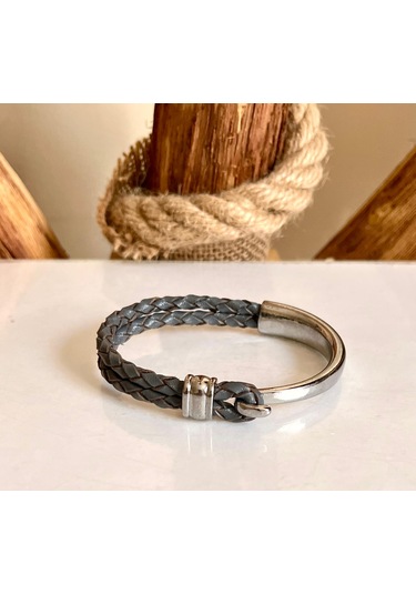 %100 Deri&krom Kombin Gri Erkek Bileklik Net 22cm Türk El Üretim Gri