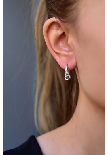 925 Ayar Gümüş Rodyum Kaplama Zirkon Taşlı Üçlü Iç Içe Geçme Halka Küpe