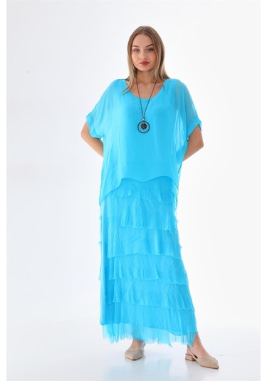 İtalyan 2 Beden İnce Gösteren Yarım Kol Kat Kat Ipek Elbise Turkuaz
