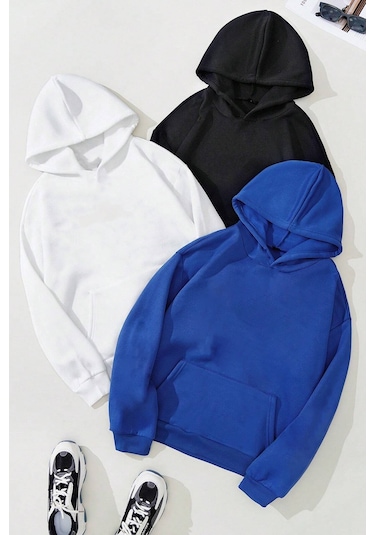 Unisex Düz 3' Lü Baskısız Kapüşonlu Oversize Sweatshirt Bej