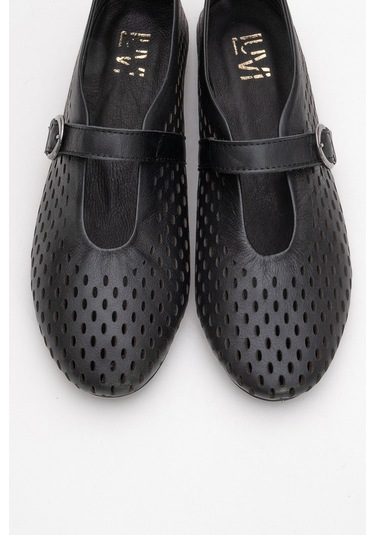Arian Siyah Cilt Hakiki Deri Delikli Kadın Babet Ayakkabı Siyah Cilt