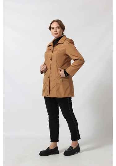 1616 Fermuarlı Cep Detaylı Kapuşonlu Bondit Ceket Camel