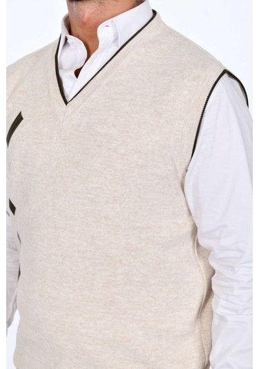 Kamalı Krem Erkek Çelik Örgü Kışlık Kalın Triko V Yaka Triko Örgü Tüylenmez Süveter Taş