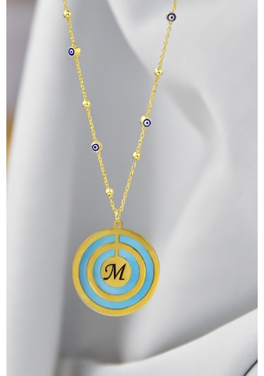 925 Ayar Gümüş Rüya Serisi Cam Boyalı Dönence, İç İçe Daire Harfli Mineli Nazar Göz Zincirli Kolye Gümüş