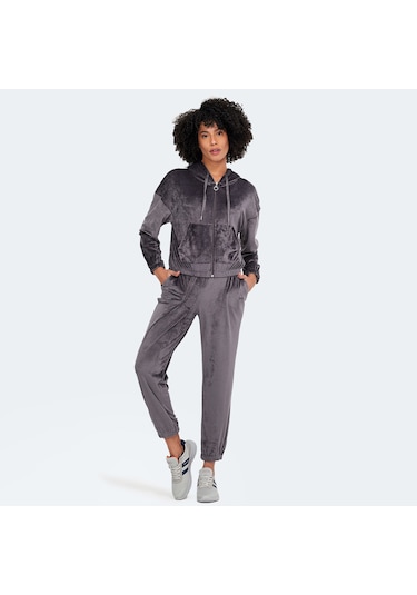 Slazenger VOTE IN Kadın Fermuarlı Kapüşonlu Cepli Koyu Gri Eşofman Takımı