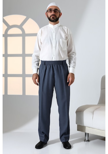 Erkek Rahat Kesim Beli Lastikli Cepli Hac Ve Umre Kumaş Şalvar Pantolon - Mavi İsr Mavi