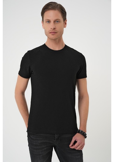 Comfort Fit Bisiklet Yaka Kabartma Desenli Casual Siyah Tişört Ts 899 Siyah