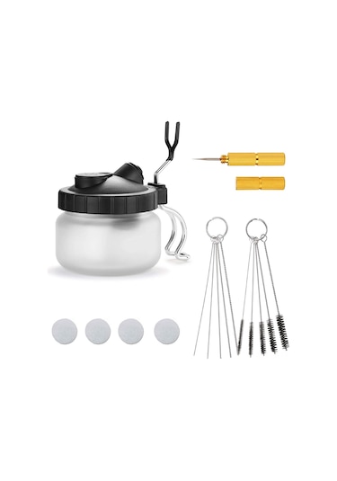 Singree Hava Fırçası Temizleme Seti - Cam Kavanozlu Tutucu, Nikel Boru, Çelik İğne Ve Nylon Fırça 4'lü Aksesuar Paketi