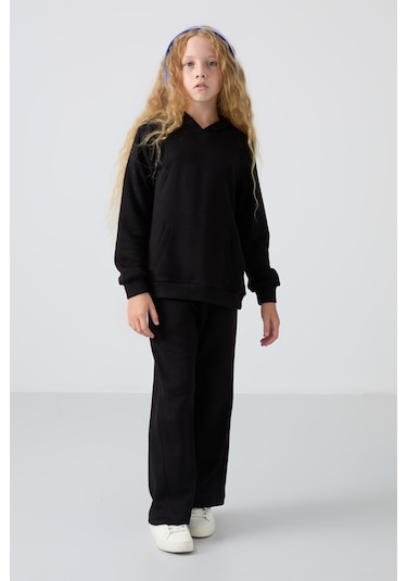 Tommy Life Siyah Pamuklu İçi Tüylü Yumuşak Dokulu Standart Fit Nakışlı Kız Çocuk Eşofman Takım - 75162 Siyah