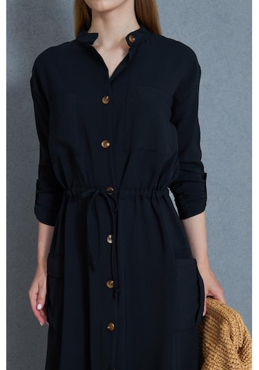 Kadın Yeni Sezon Krep Cepli Uzun Katlanabilir Kollu Büzgülü Elbise Yazlık Günlük Giyçık Siyah