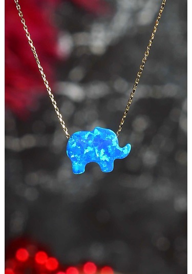 14 Ayar Altın Kolye Mavi Sedef Fil Altın Zincirli Kolye 45 Cm Uzunluk