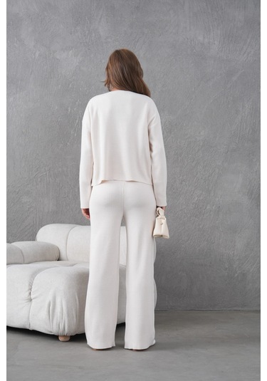 Kadın Bisiklet Yaka Düğme Kapama Kaşkorse Ceket Pantolon İkili Triko Takım Taş