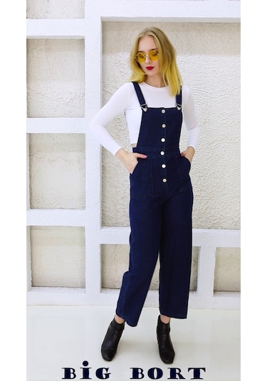 Önden Düğmeli Enzim Kot Kumaş Salopet & Tulum Mavi