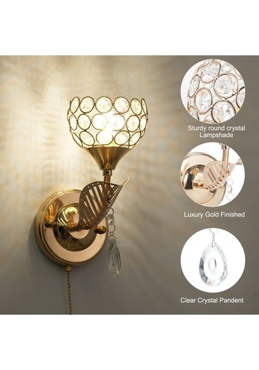 Moly Youtek Metal Kristal Duvar Lambası - Altın Renk, E26, 110-130v, Zip Anahtarlı, Yatak Odası/mutfak/iç Mekan, L180xw100xh100mm Siyah