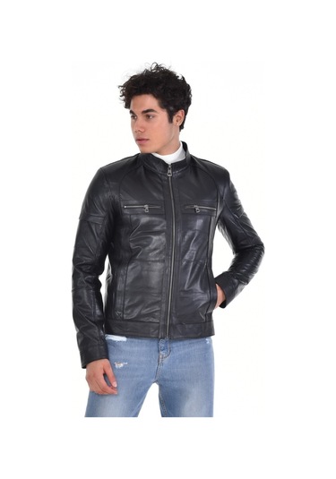 Hakiki Deri Siyah Erkek Deri Mont Hakim Yaka Üst Ve Yandan Fermuarlı Cep Detaylı Deri Ceket Siyah