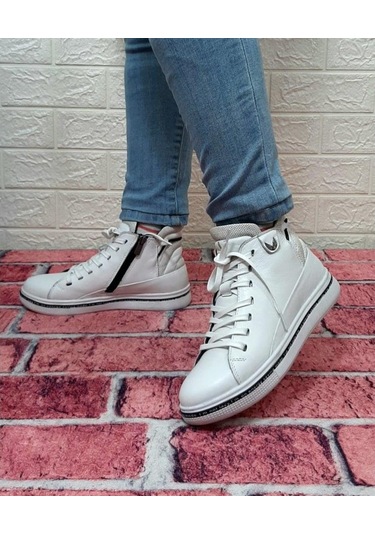 Voyager 8498 Beyaz Renk Hakiki Deri Kaymaz Taban Fermuarlı Bağaca