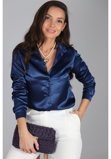 Sweetness Kadın Lacivert Saten Gömlek Lacivert