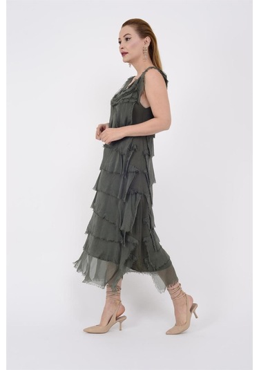 Italyan 2 Beden İnce Gösteren Kat Kat Kolsuz Ipek Elbise Koyu Haki