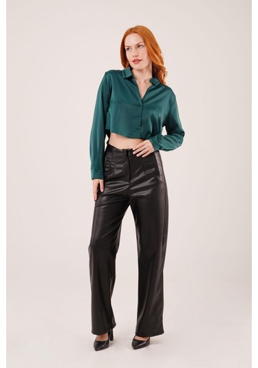 Saten Crop Model Yeşil Gömlek Yeşil