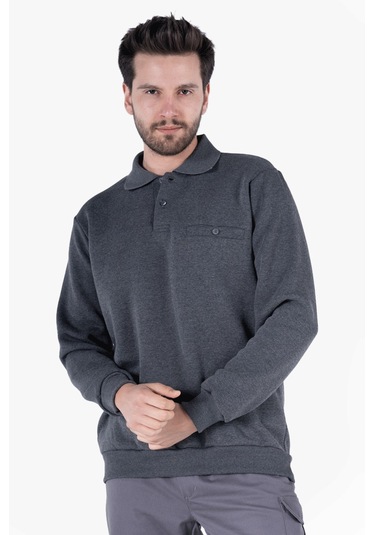 3 İplik Polo Yaka Fleto Cepli Sweatshirt Antrasit Melanj