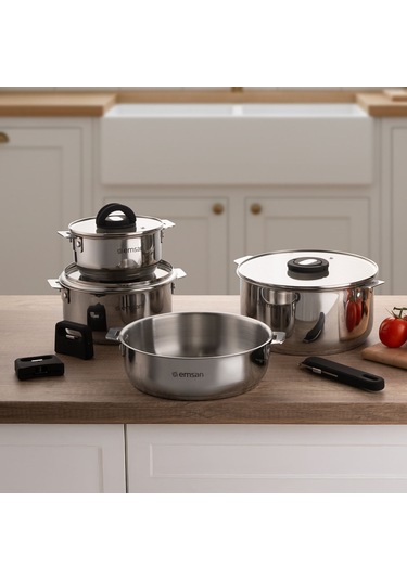 Emsan Steel Click 7 Parça Tencere Seti Açık Gri Gümüş