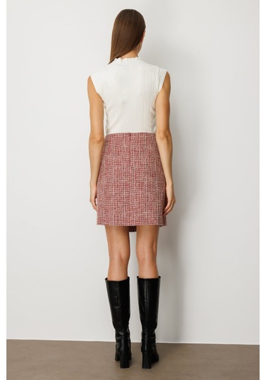 Ekol Kadın Süs Düğmeli Mini Tüvit Etek 5047 Kırmızı Kırmızı