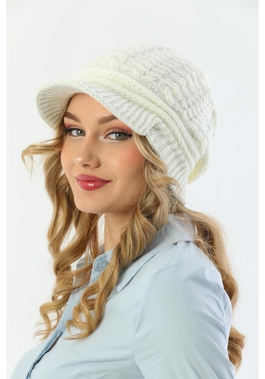 Siperli Çift Kat Ekru Triko Örme Bere Ekru