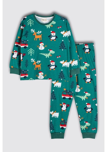 Yılbaşı Temalı Baston Şeker Desenli %100 Pamuk Unisex Pijama Takımı Yeşil