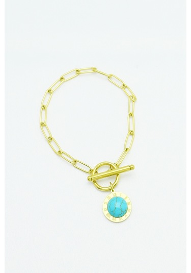 Altın Kaplama Seri Kararmaz Turkuaz Taşlı Roma Rakamlı Çeli Gold Altın