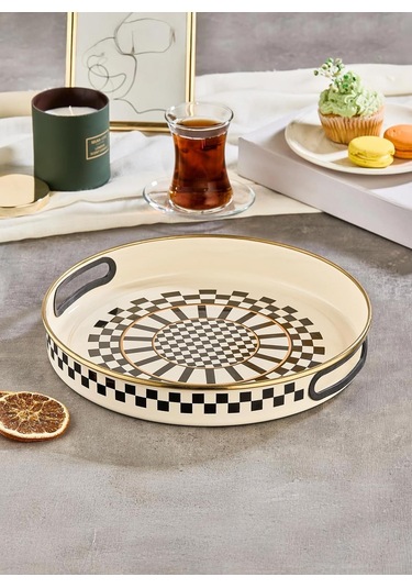 Prime Cream Emaye Ahşap Saplı Sosluk / Sütlük 14 Cm Ve Emaye Servis Tepsisi 28 Cm Krem