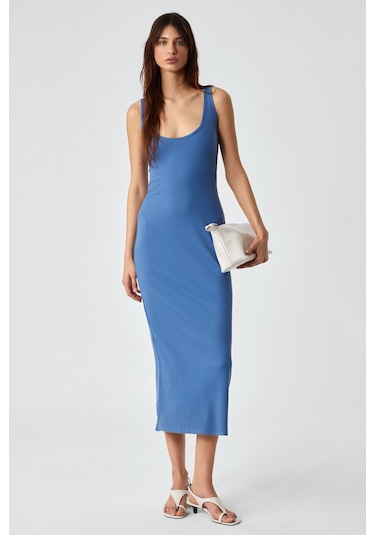 GRIMELANGE Sofutey Kadın Slim Kolsuz Oyuk Yaka Düz Paça Mavi Elbise Mavi