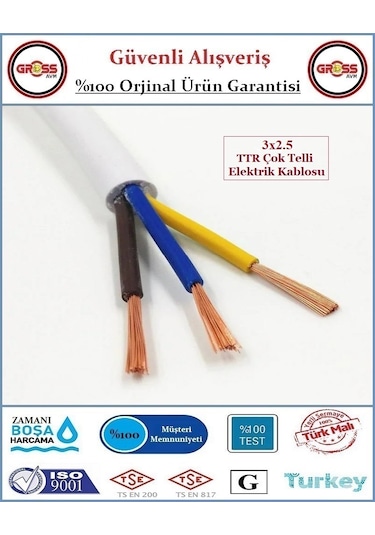 3x2.5 Ttr Elektrik Kablosu - Uzatma Ara Kablo - 2 Metre