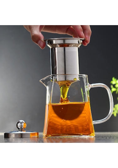 Borosilikat Cam Çelik Süzgeçli Ve Kapaklı Piramit  Demlik 750 ML Şeffaf