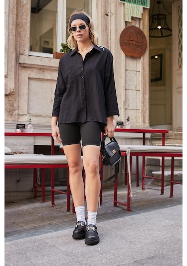 Kadın Likrasız Keten Kumaş Yakalı Cepli Düşük Omuzlu Salaş Oversize Tunik Gömlek-siyah Siyah