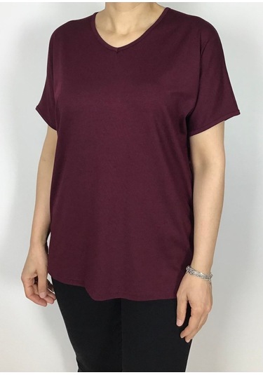 Kısa Kol V Yaka Likralı Düz Penye Bluz Bordo