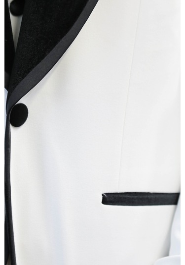 Klasik Kadife Yaka Beyaz Smokin Takım - Wessi Mavi