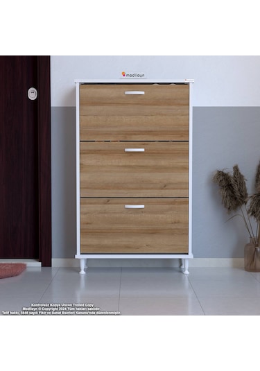 Modilayn Varbi Kapı Önü 52 X 119 X 25, 5 Cm Lik 3 Düşer Kapak 6 Göz Raf Bölmeli Ayakkabılık Beyaz - Meşe