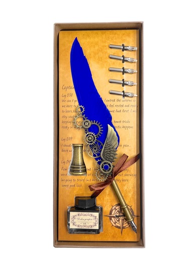Vintage Gear Wing Kuş Tüy Kalemli Divit Yazı Seti Lacivert