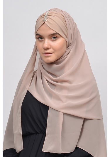 Altobeh Zarif Taşlı Drapeli Hazır Pratik Şifon Kadın Tesettür Şal - Açık Latte