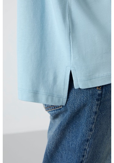 Tommy Life Açık Mavi Penye Modal Yumuşak Tuşeli Oversize Fit Basic Kadın T-shirt- 97285 Açık Mavi