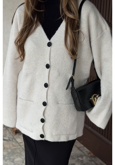 Kemik Çift Cepli Hırka - 04622 Krem