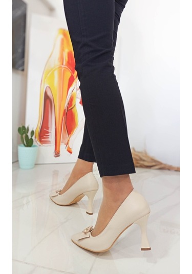 Bej Kadeh Yüksek Topuk Taş Desenli Kadın Stiletto 001