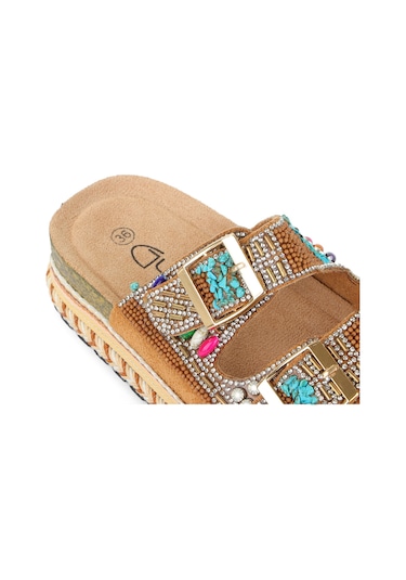 Guja 25y103 Kadın Mantar Platform Taban Taşlı Çift Tokalı Comfort Terlik Camel Fuşya