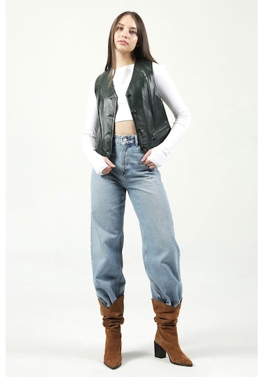 Dericlub Dc-001 Hakiki Deri Kadın Yelek Yeşil